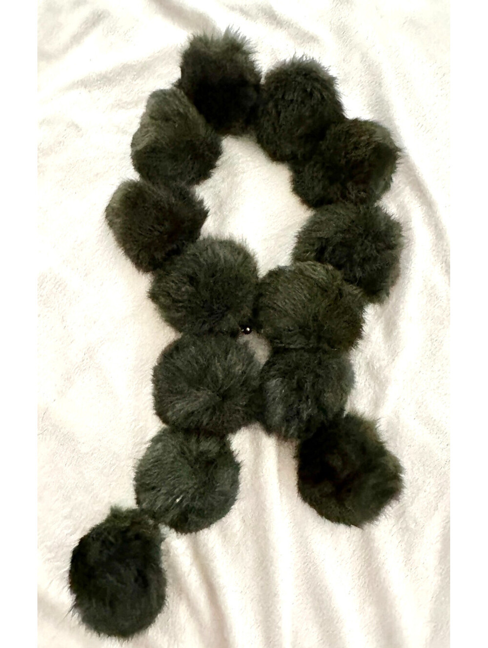 Dark Green Authentic Rabbit Fur Pom-Pom Scarf 3" Round Ball Neck Warmer 40"